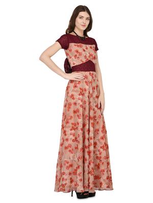 contrast lace bow tie flared gown - 16843549 - Standard Image - 2