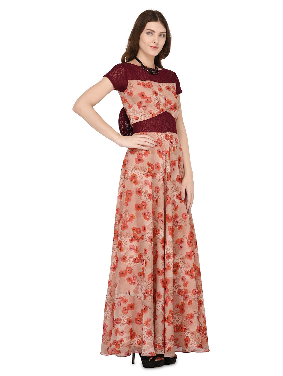contrast lace bow tie flared gown - 16843549 - Zoom Image - 2