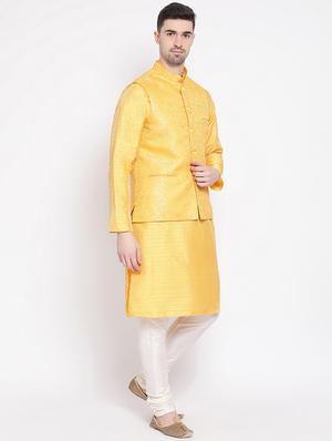 yellow solid kurta pyjama set with nehru jacket - 16843937 - Standard Image - 2