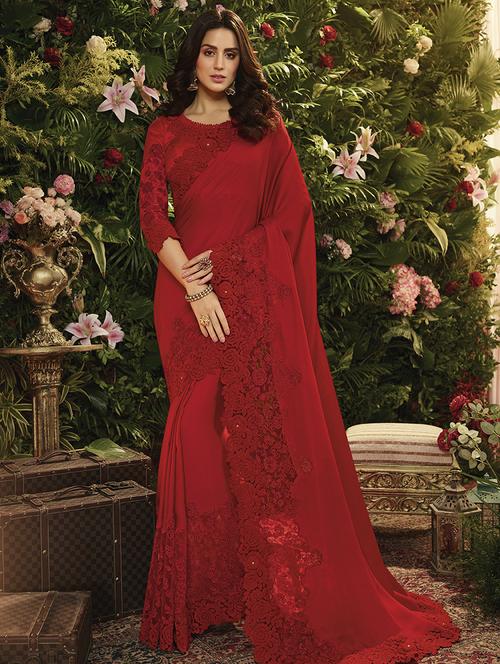 solid embroidered saree with blouse - 16850034 - Very Small Image - 1
