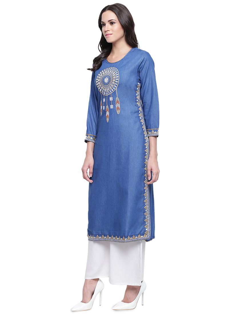 embroidered denim straight kurta - 16893569 - Zoom Image - 2