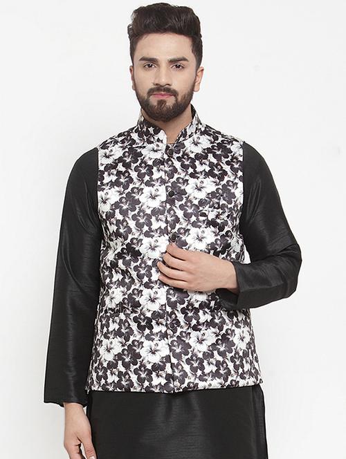 black printed silk nehru jacket - 16927422 - Standard Image - 1