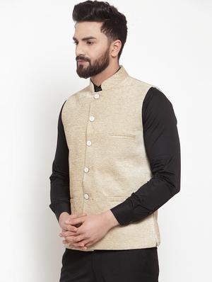 beige solid silk nehru jacket - 16927425 - Standard Image - 2