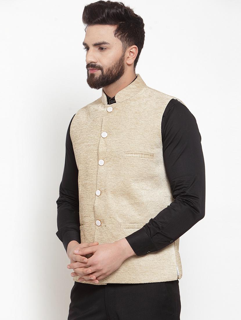 beige solid silk nehru jacket - 16927425 - Zoom Image - 2