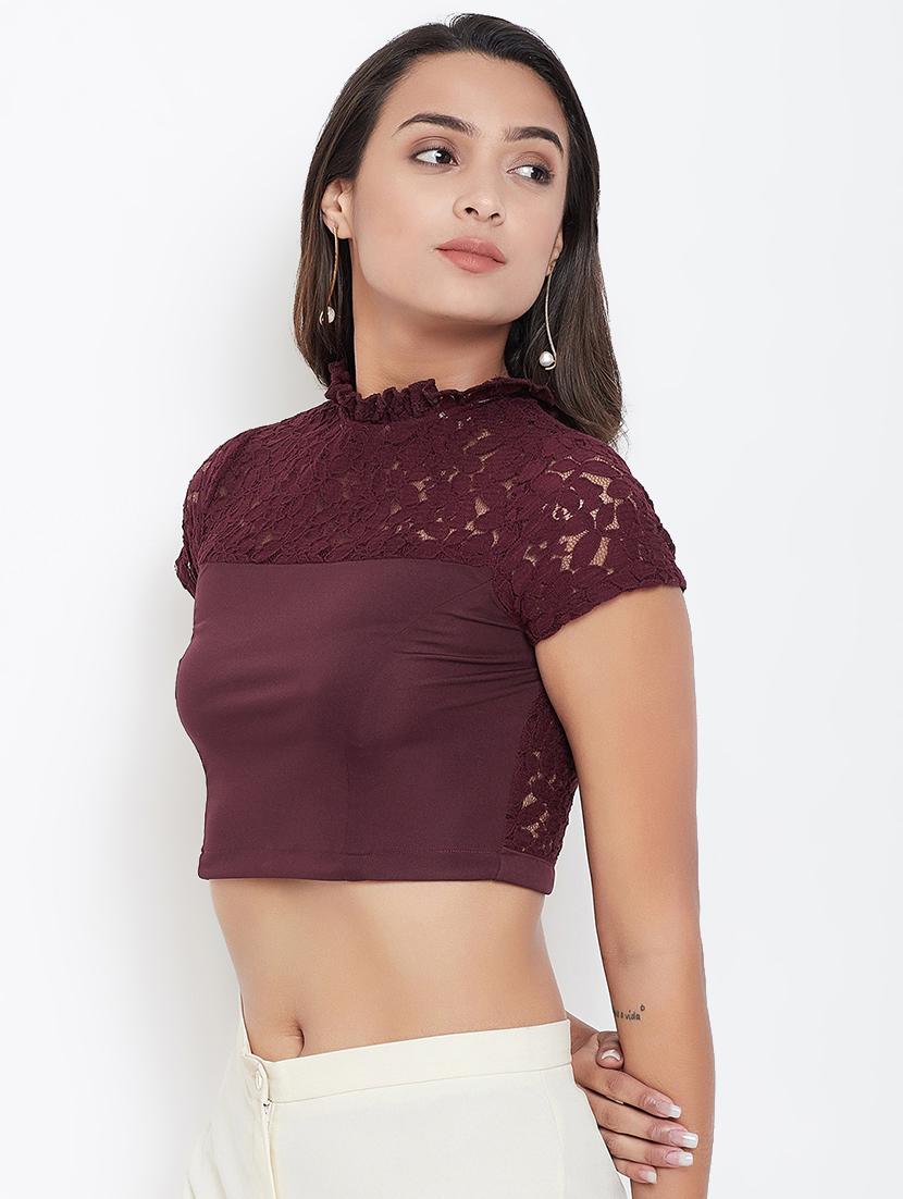 net yoke solid blouse - 16928134 - Zoom Image - 2