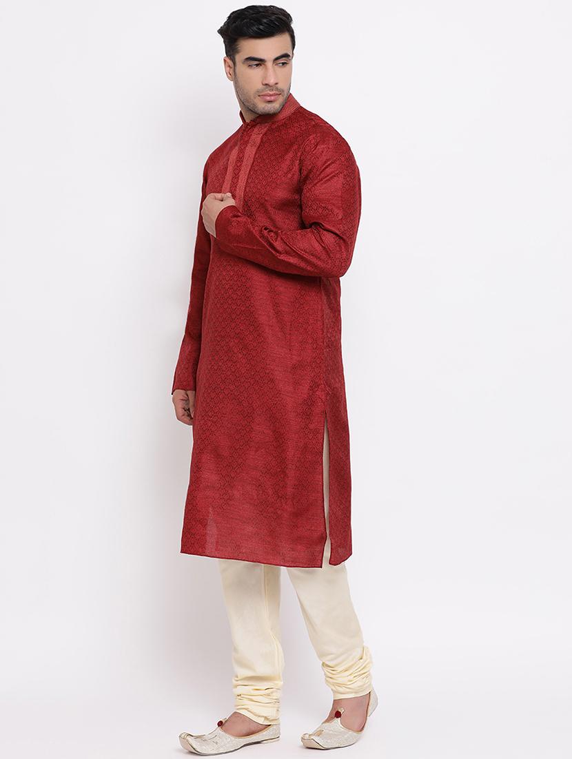 red pure silk jacquard kurta churidar set - 16943247 - Zoom Image - 2