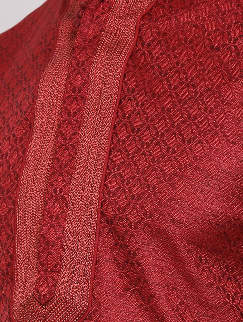red pure silk jacquard kurta churidar set - 16943247 - Zoom Image - 5