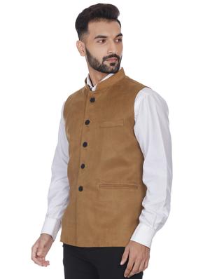 brown solid velvet nehru jacket - 16973788 - Standard Image - 2