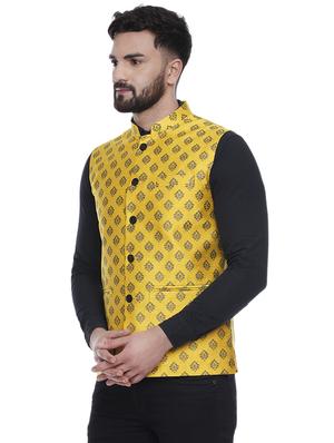 yellow printed silk nehru jacket - 16973795 - Standard Image - 2