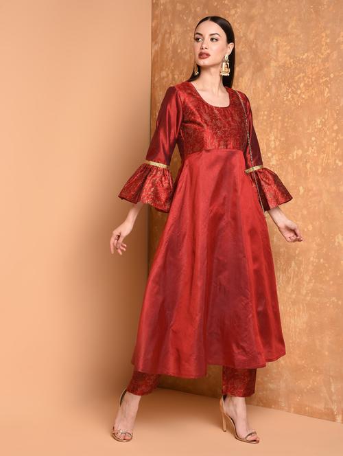 red chanderi kurta palazzo set - 16974613 - Standard Image - 1