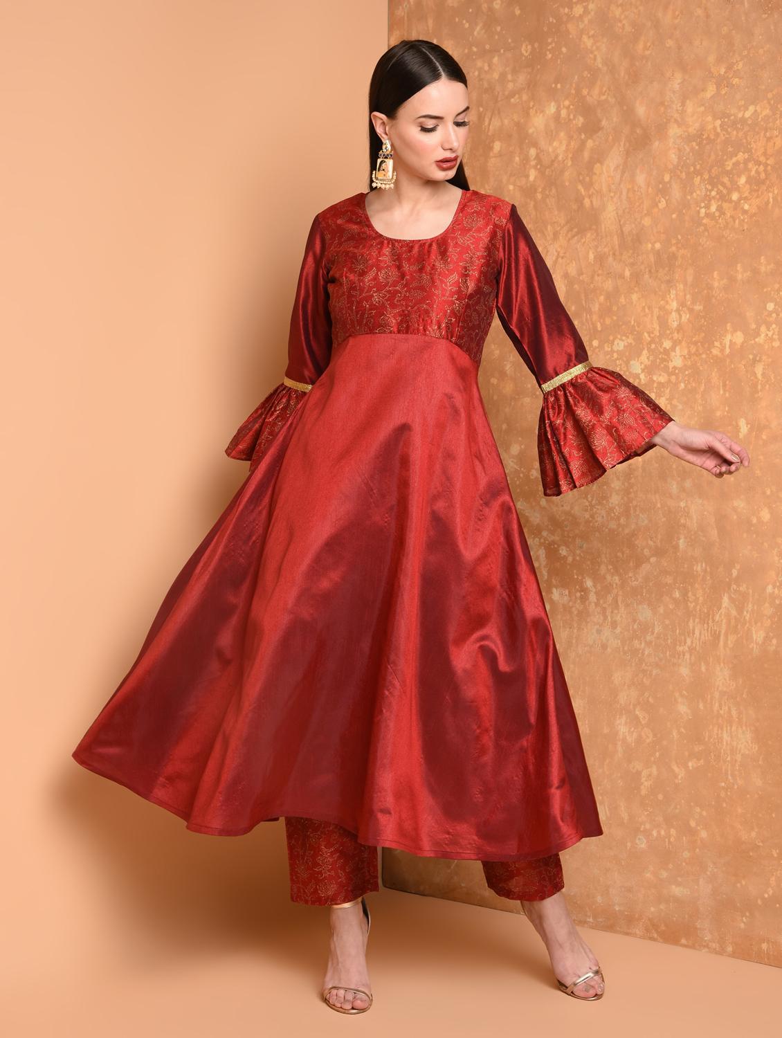 red chanderi kurta palazzo set - 16974613 - Zoom Image - 2