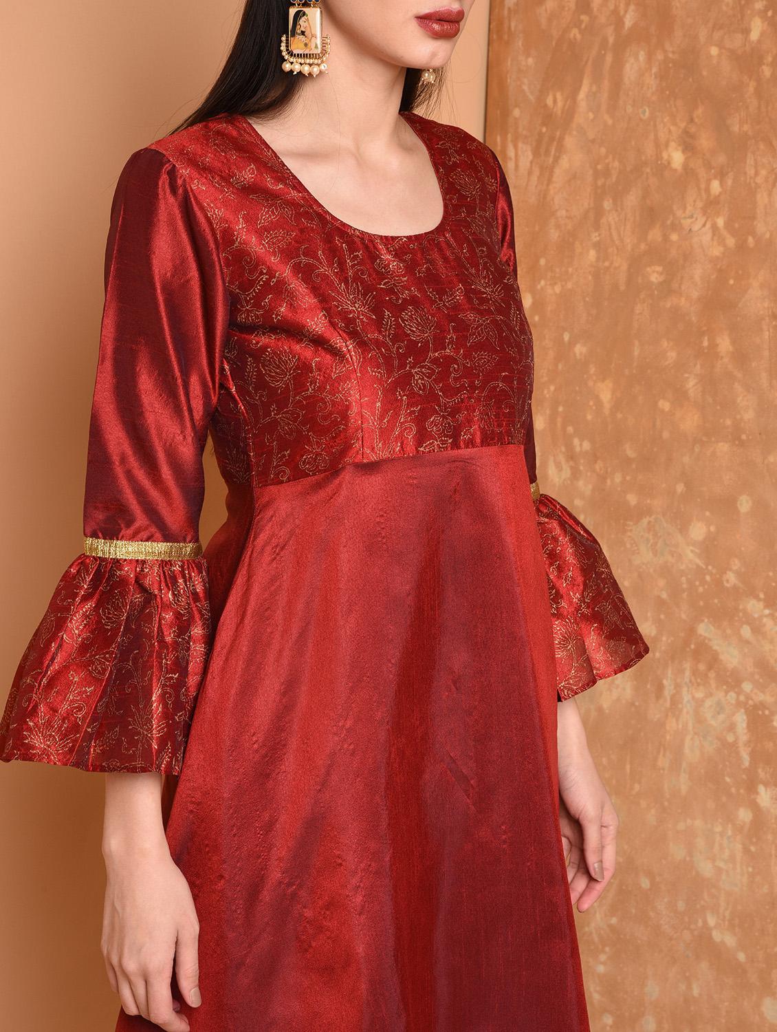 red chanderi kurta palazzo set - 16974613 - Zoom Image - 5