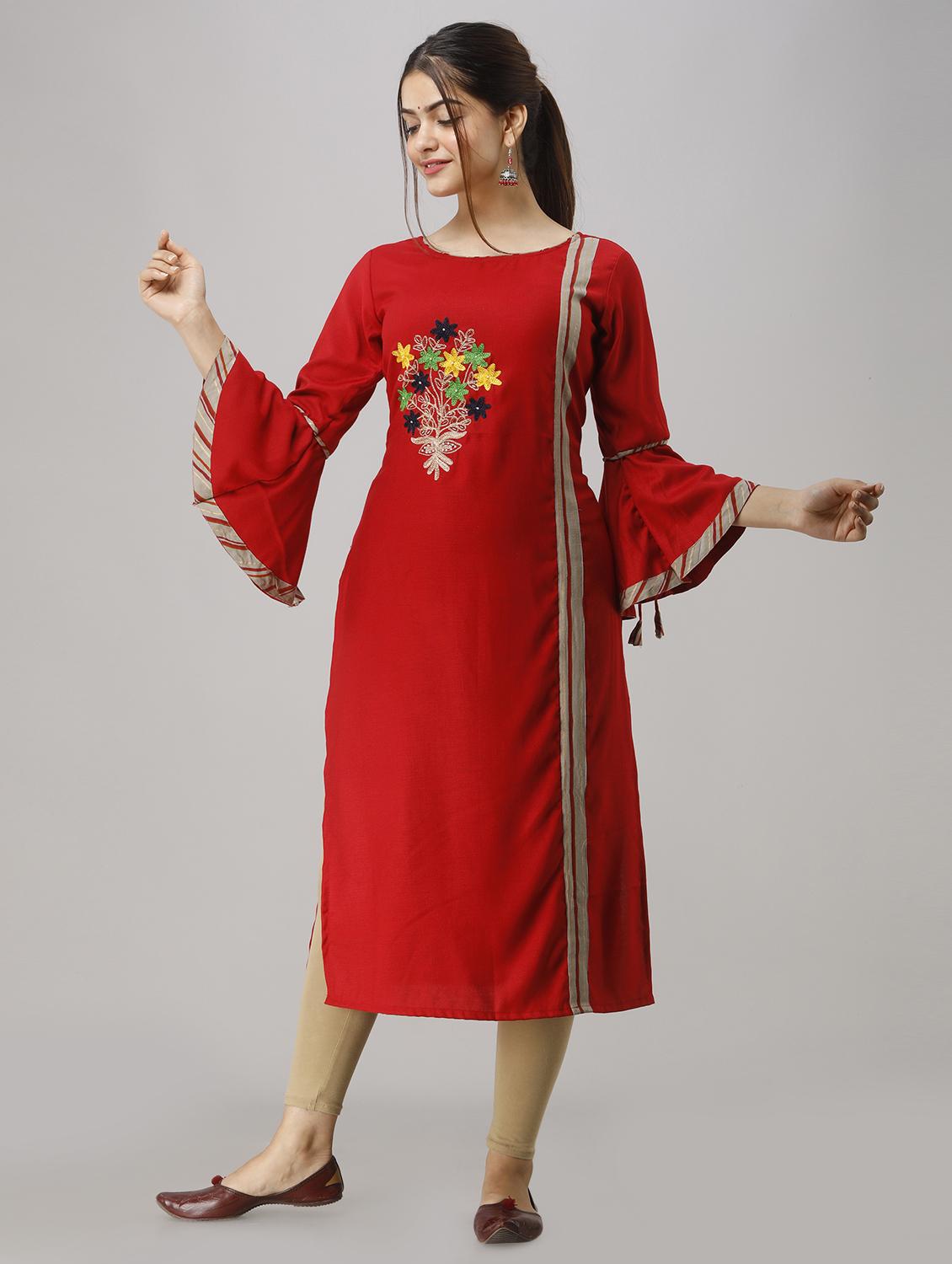 bell sleeves embroidered straight kurta - 16978427 - Zoom Image - 2