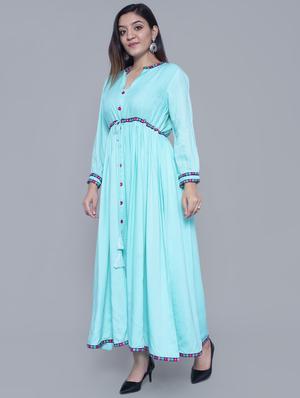 turquoise lace detailed flared kurta - 16980748 - Standard Image - 2