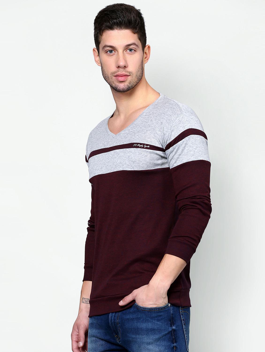 maroon color block cut & sew t-shirt - 16981750 - Zoom Image - 2