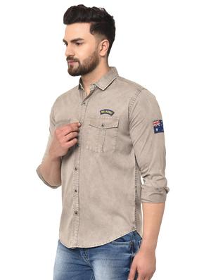 brown faded denim casual shirt - 16985273 - Standard Image - 2