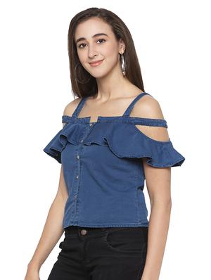 shoulder strap ruffle detail denim top - 16989840 - Standard Image - 2
