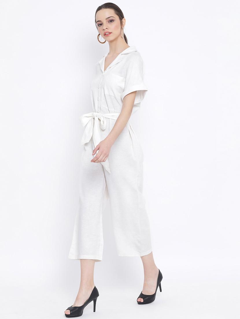 optic white tie front full leg jumpsuit - 17011110 - Zoom Image - 2