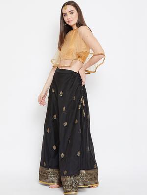 black flared gold print flared lehenga - 17014696 - Standard Image - 2