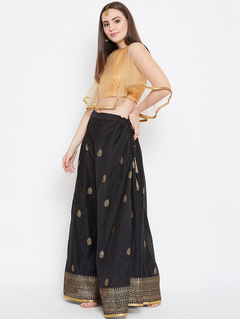 black flared gold print flared lehenga - 17014696 - Zoom Image - 2