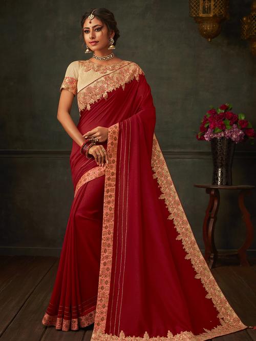 bordered embroidered saree with blouse - 17016330 - Very Small Image - 1