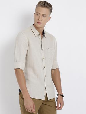 beige solid cotton linen casual shirt - 17019924 - Standard Image - 2