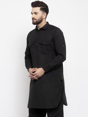 black solid pathani kurta - 17026083 - Standard Image - 2