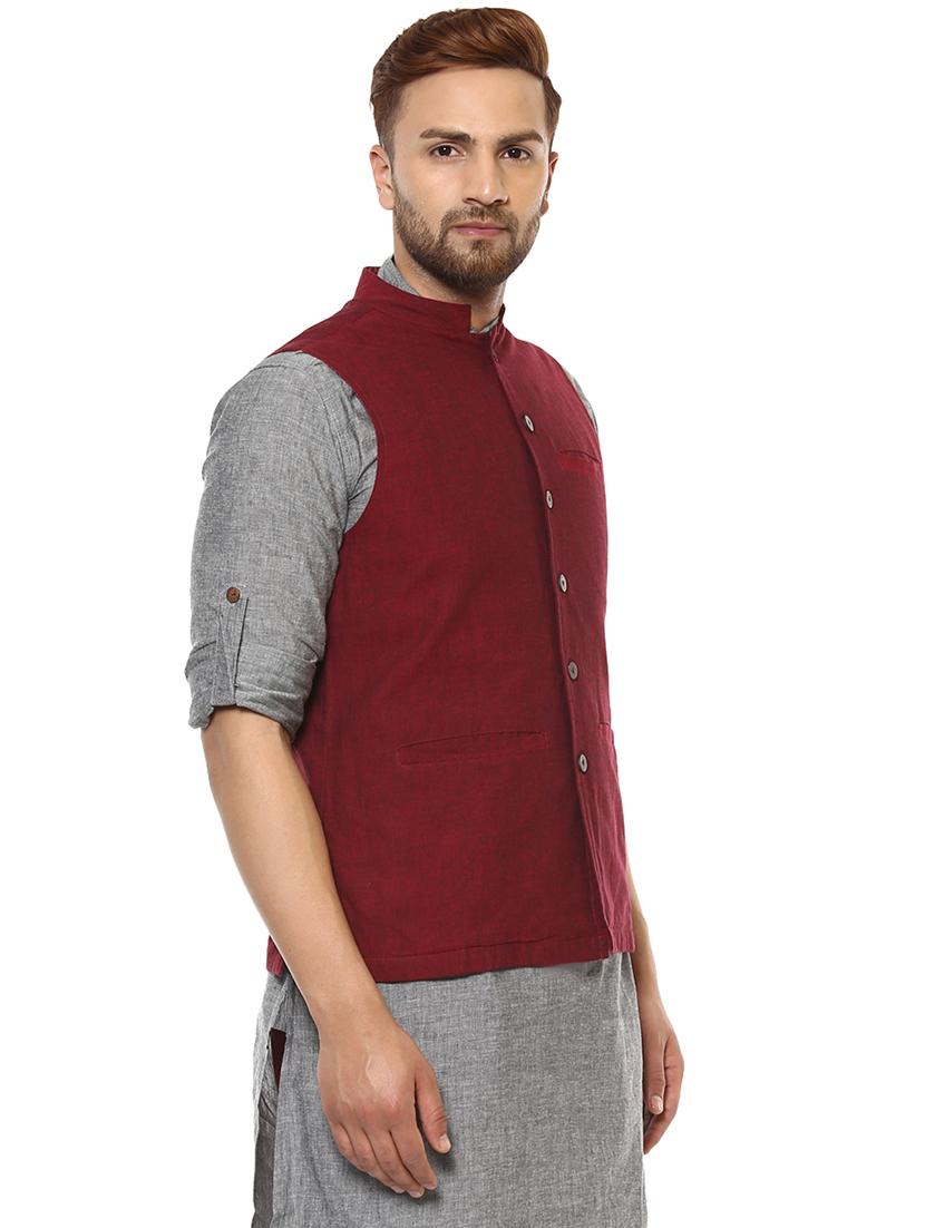 maroon solid nehru jacket - 17027224 - Zoom Image - 2