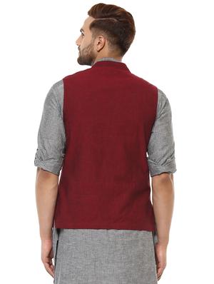 maroon cotton nehru jacket - 17079016 - Standard Image - 2