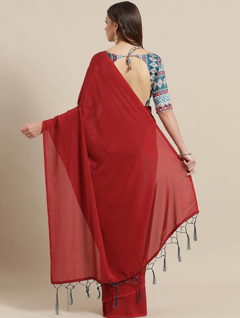 striped plain saree with blouse - 17092043 - Zoom Image - 2