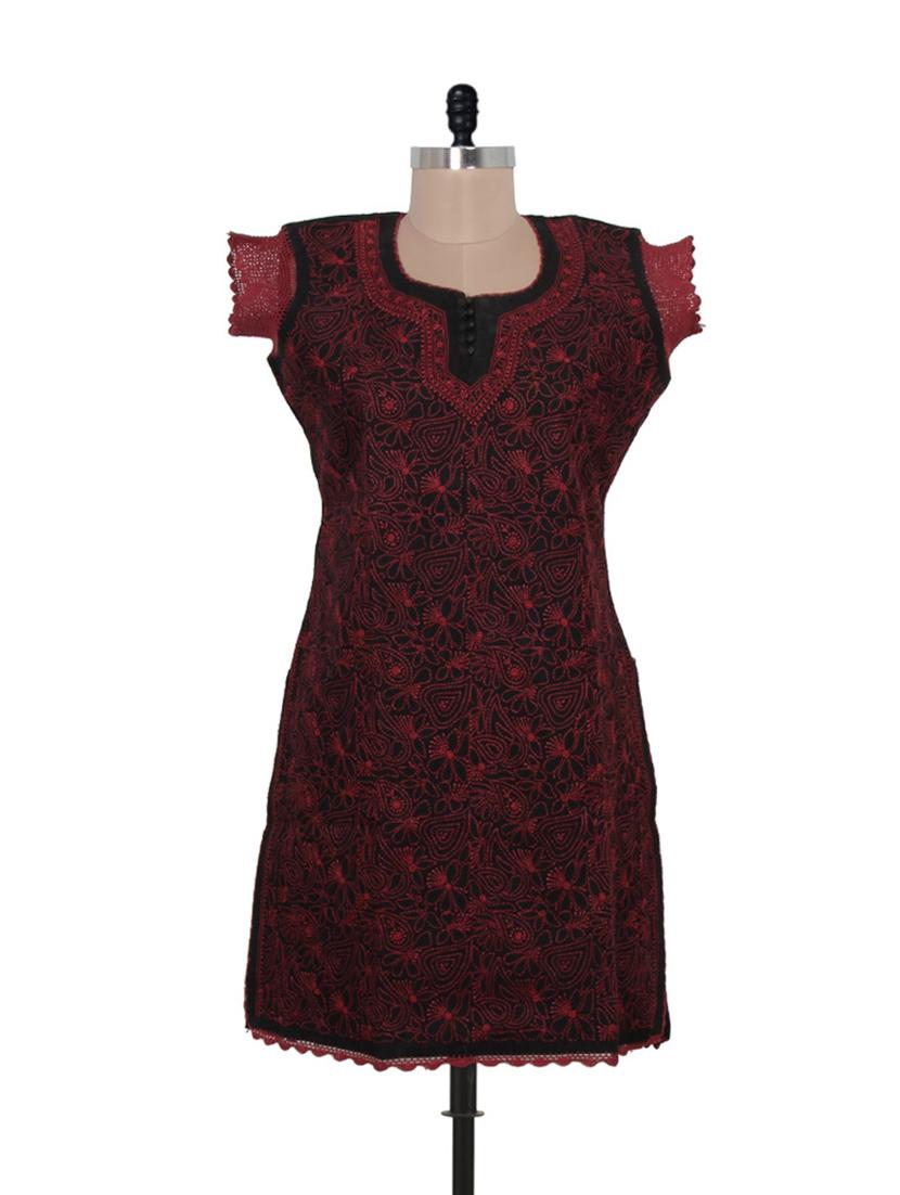Black And Maroon Chikankari Kurta - Ada