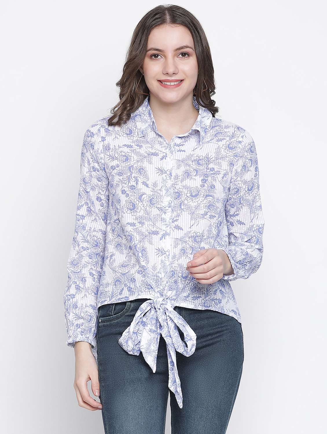 tie front floral asymmetric shirt