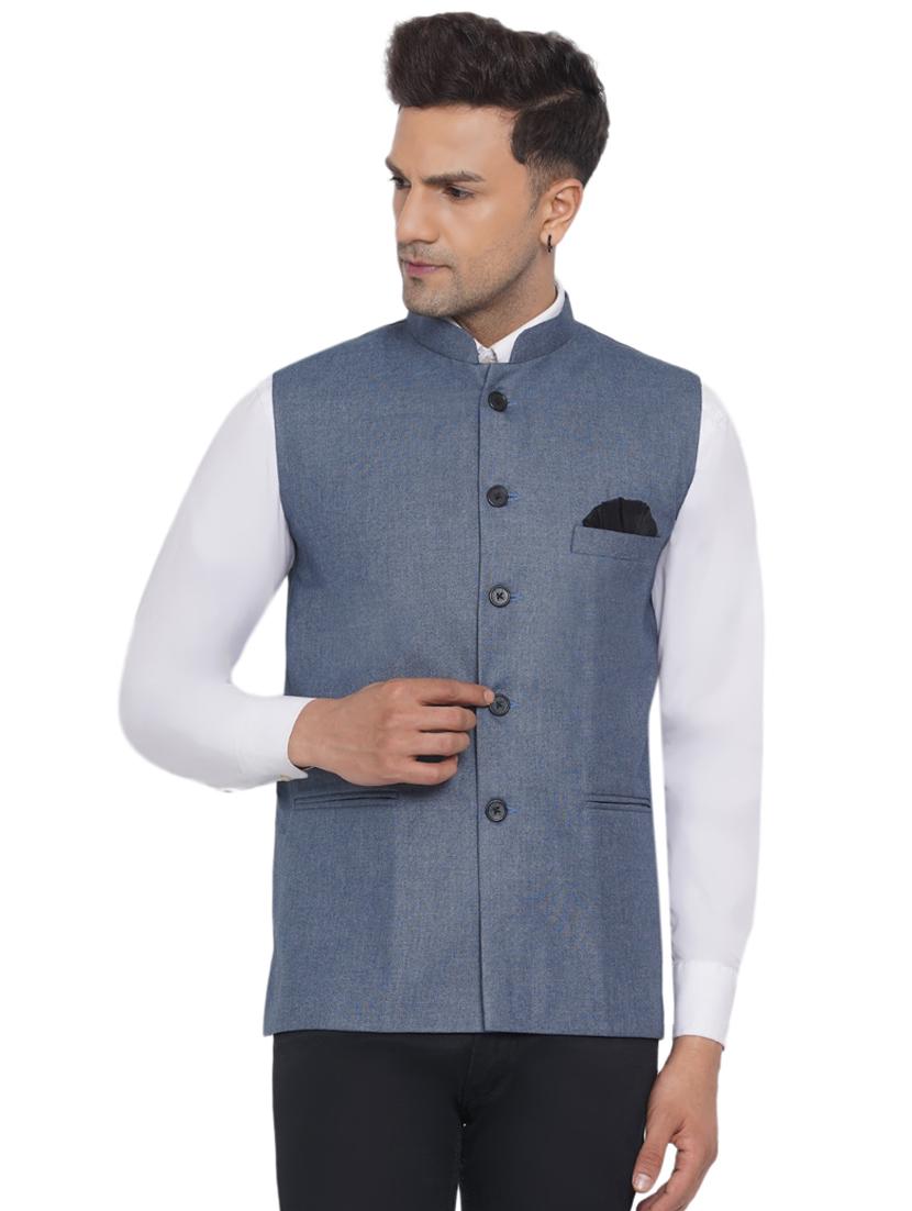 blue solid nehru jacket