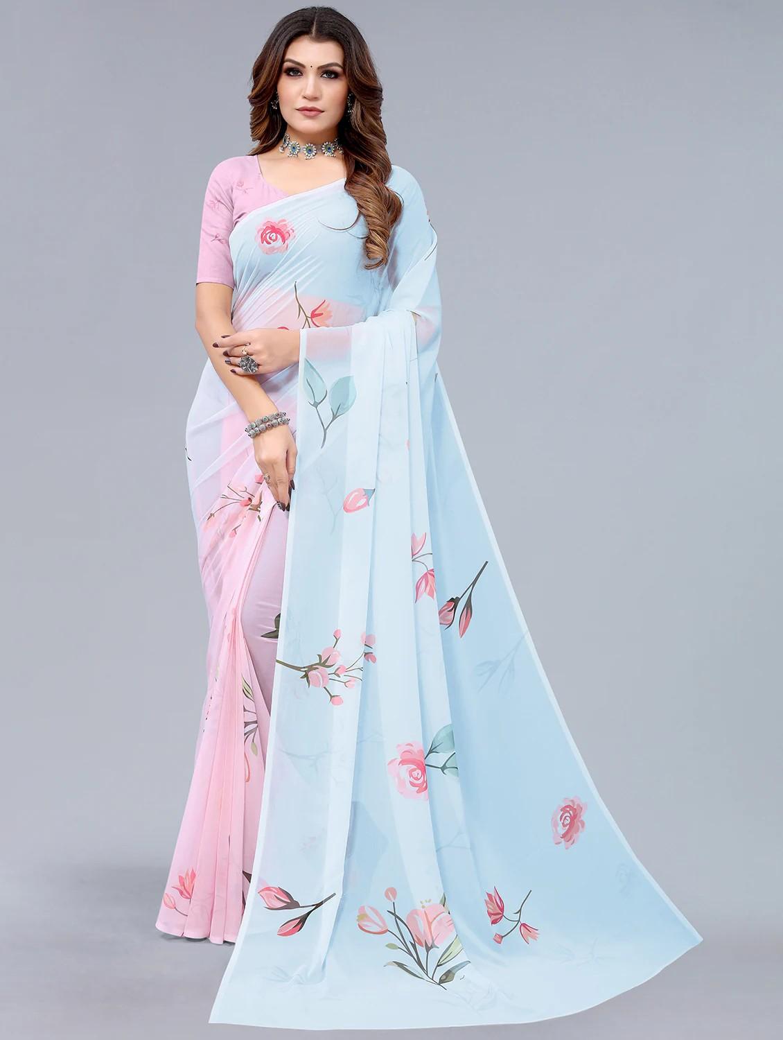 women's floral purist blue colored saree with blouse