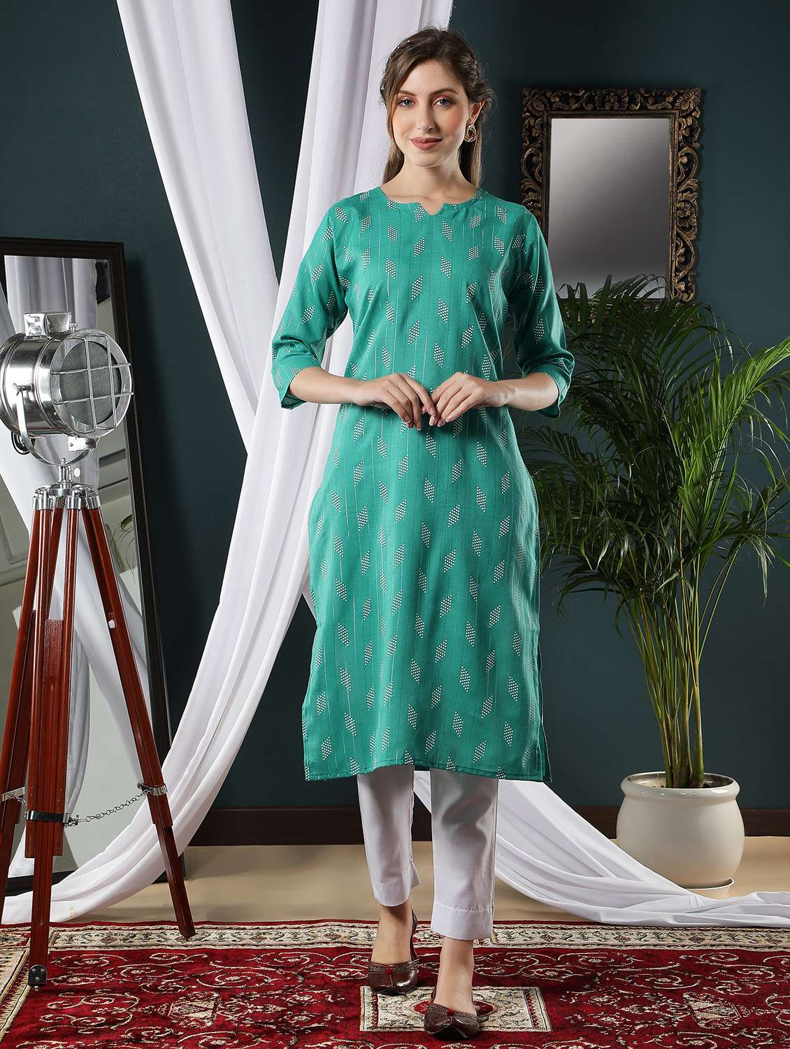 turquoise cotton blend straight kurta