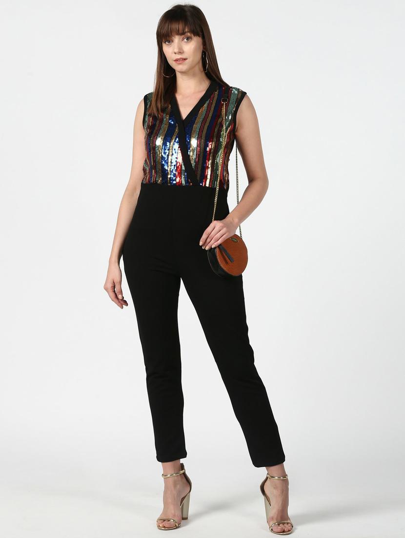 black printed full leg jumpsuit
