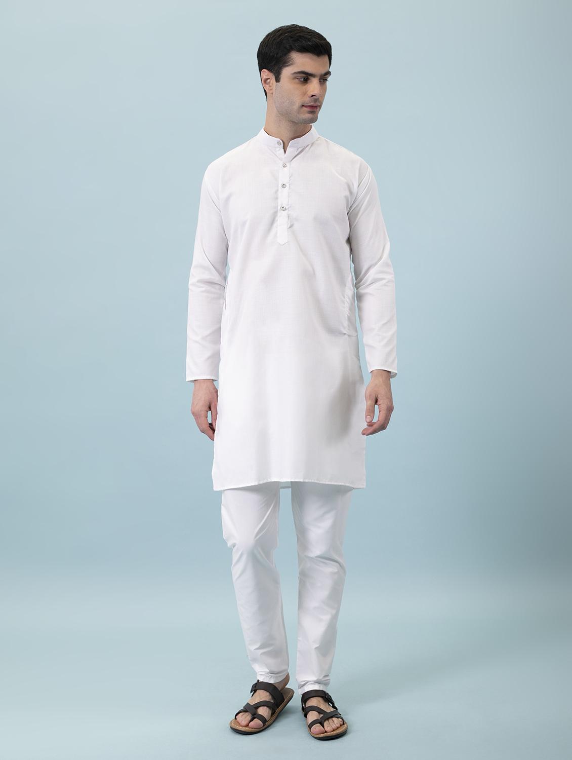 white mandarin neck solid kurta pyjama set