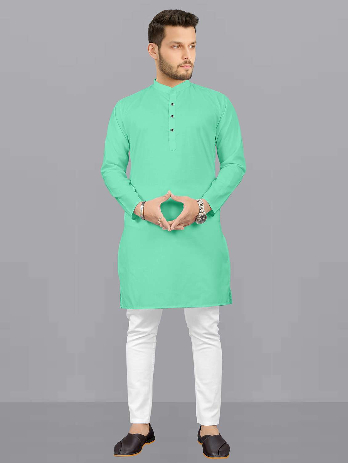 men solid mandarin neck long kurta