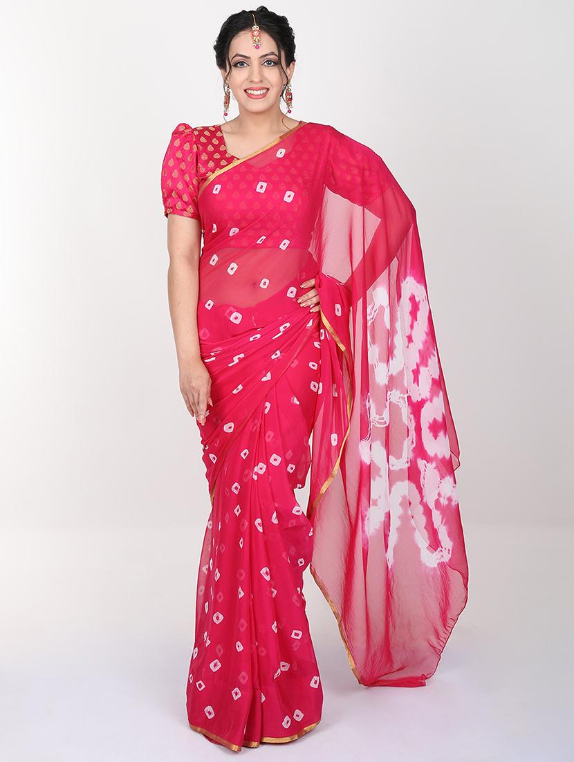 women's bandhani pink colored saree with blouse