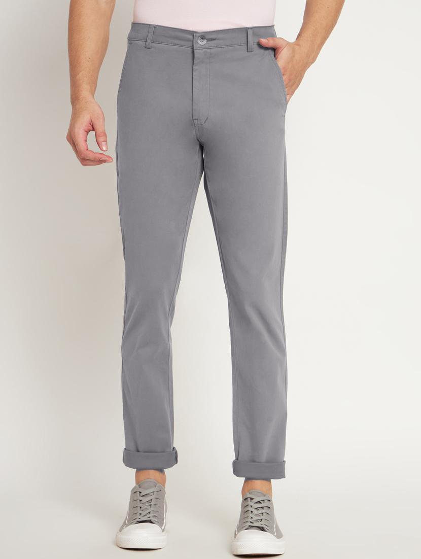 grey cotton flat front casual trousers