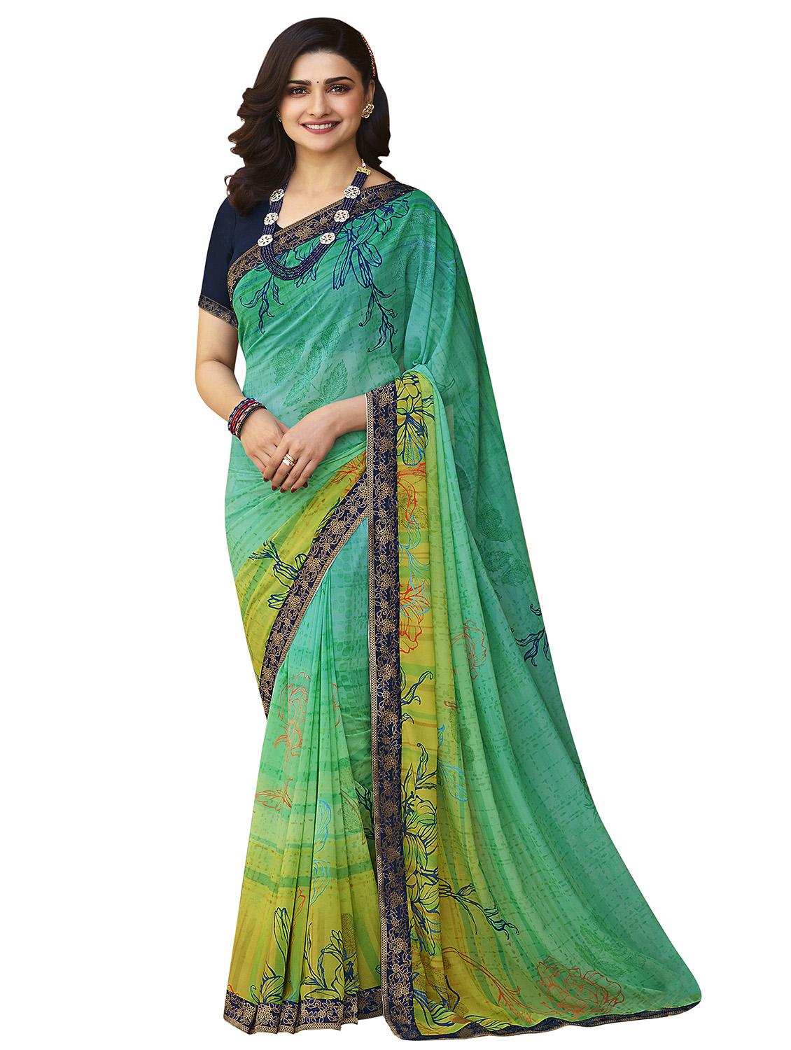 women's floral sea green colored saree with blouse