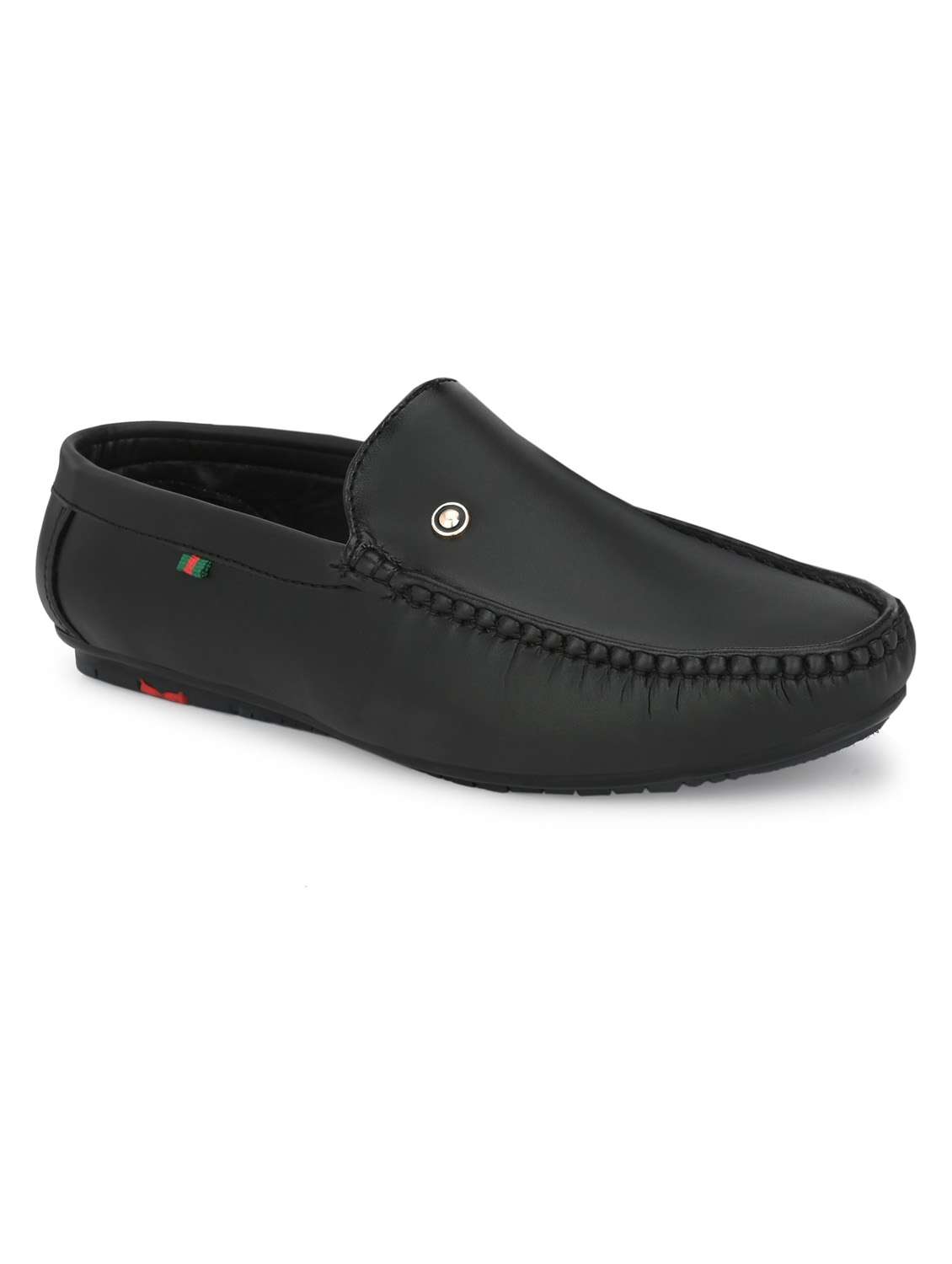 black synthetic slip on loafers