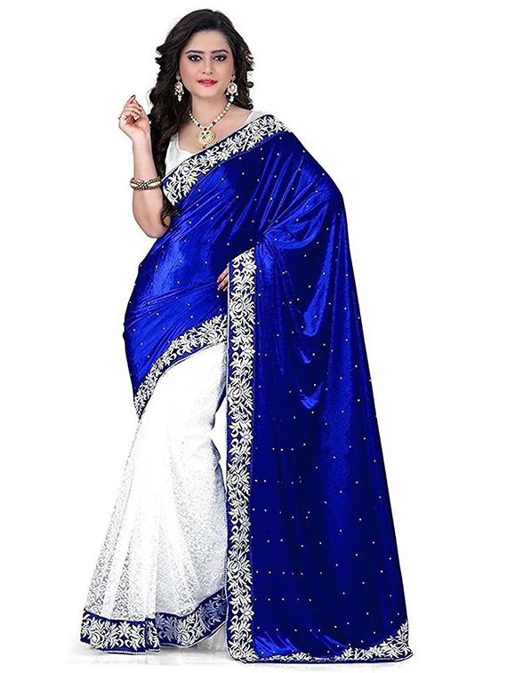 white & blue self design velvet saree with blouse