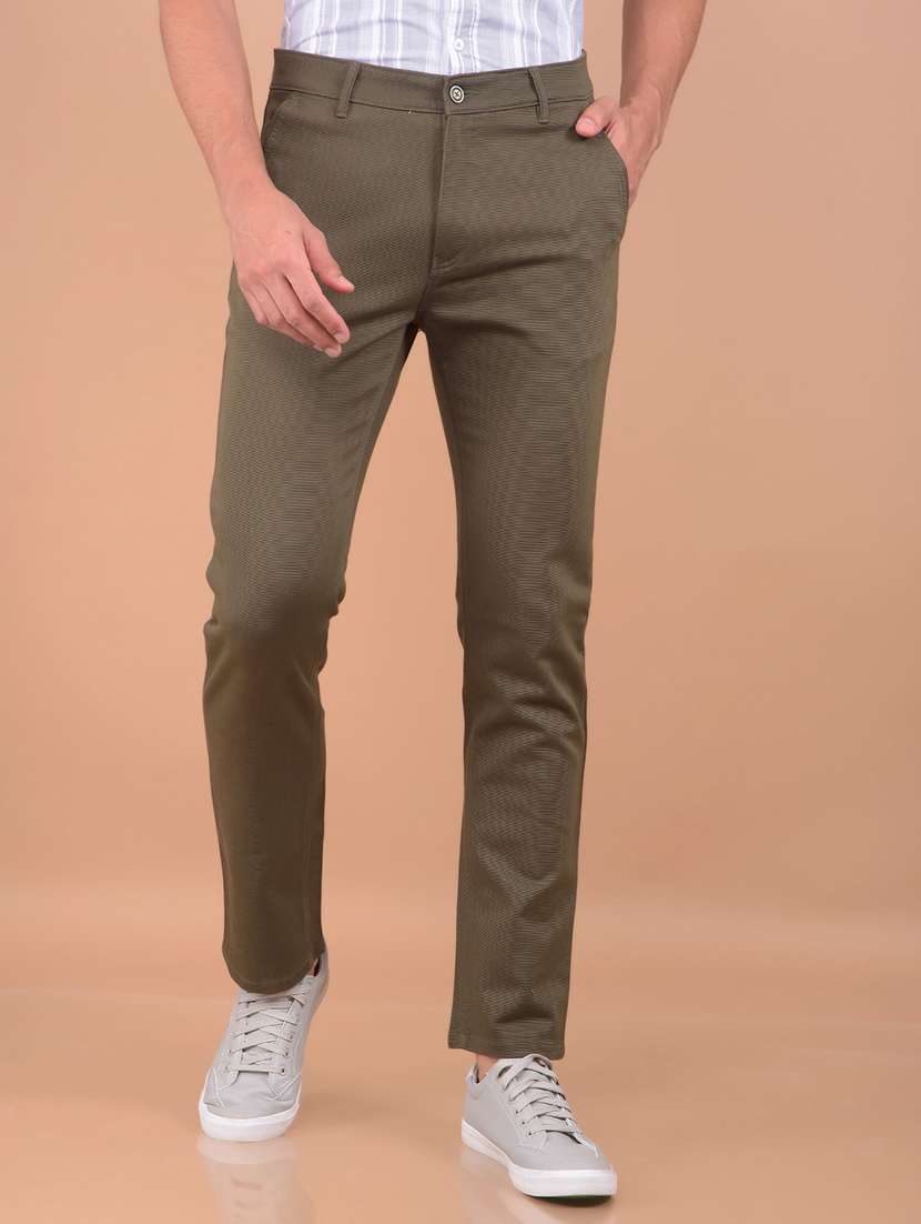 men charcoal cotton blend slim fit casual trouser