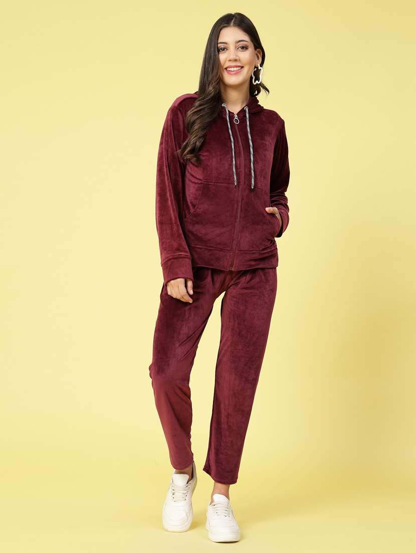 women maroon velvet top and trouser co-ord set