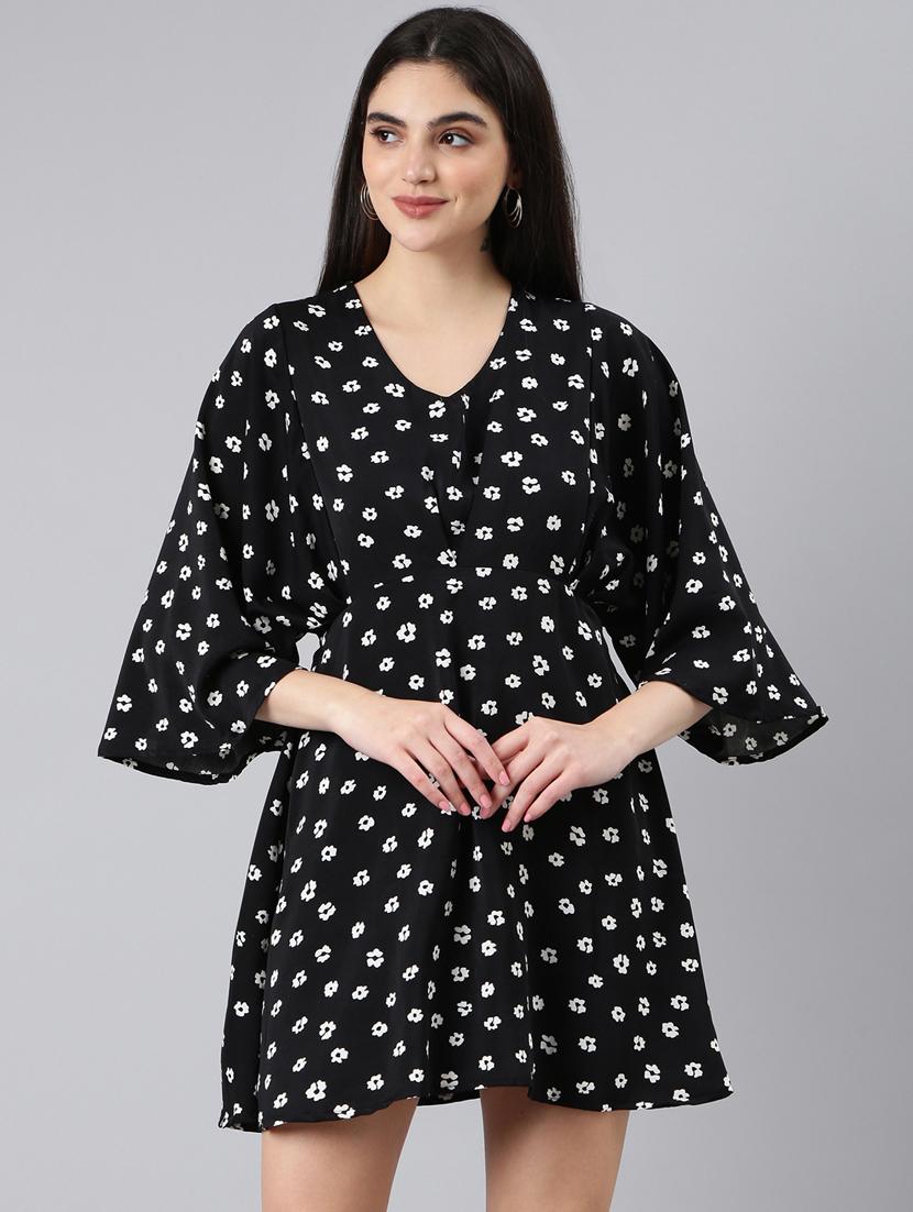 black floral print a-line dress