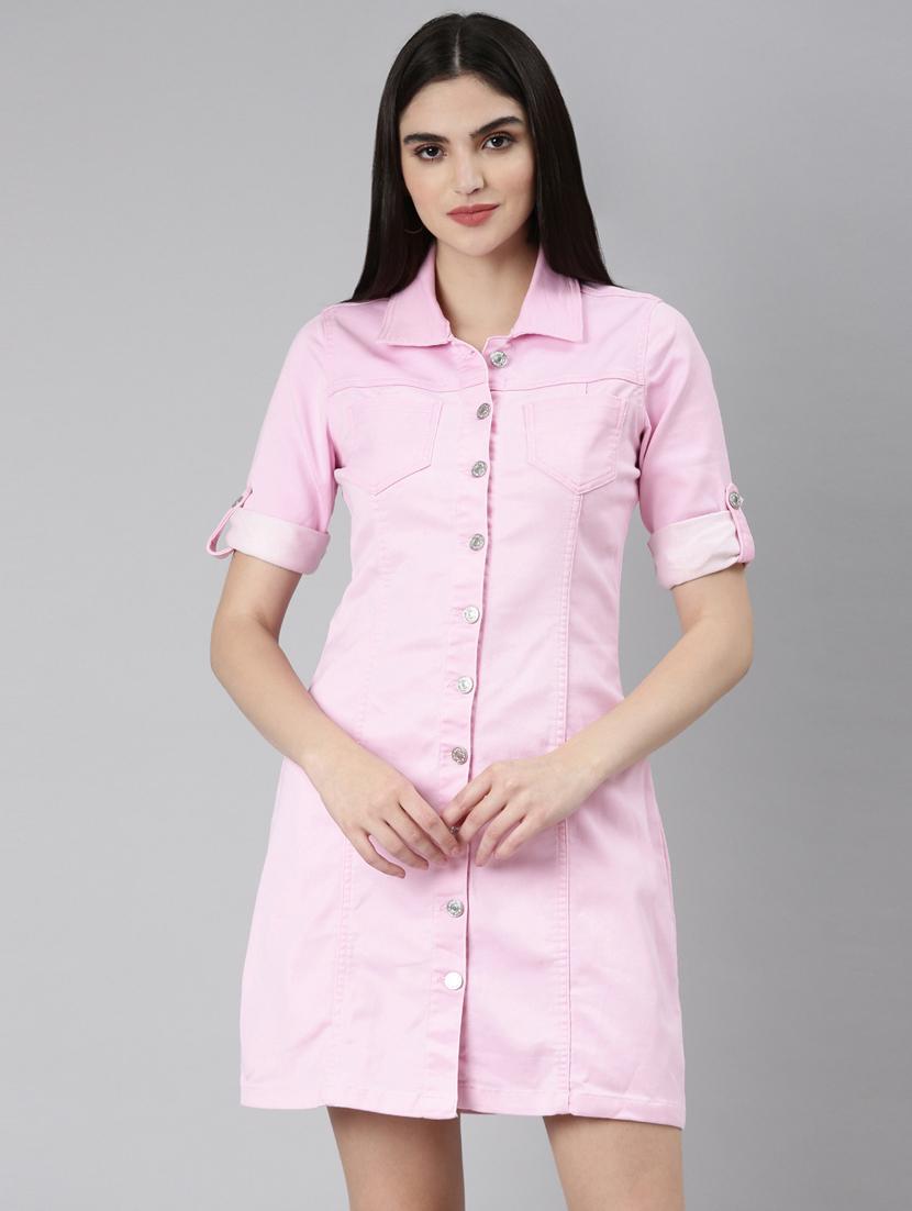 pink solid short sleeves a-line dress