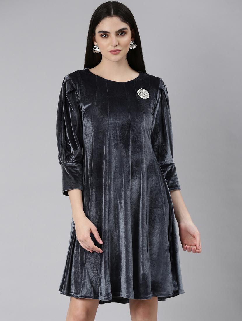 grey solid a-line dress