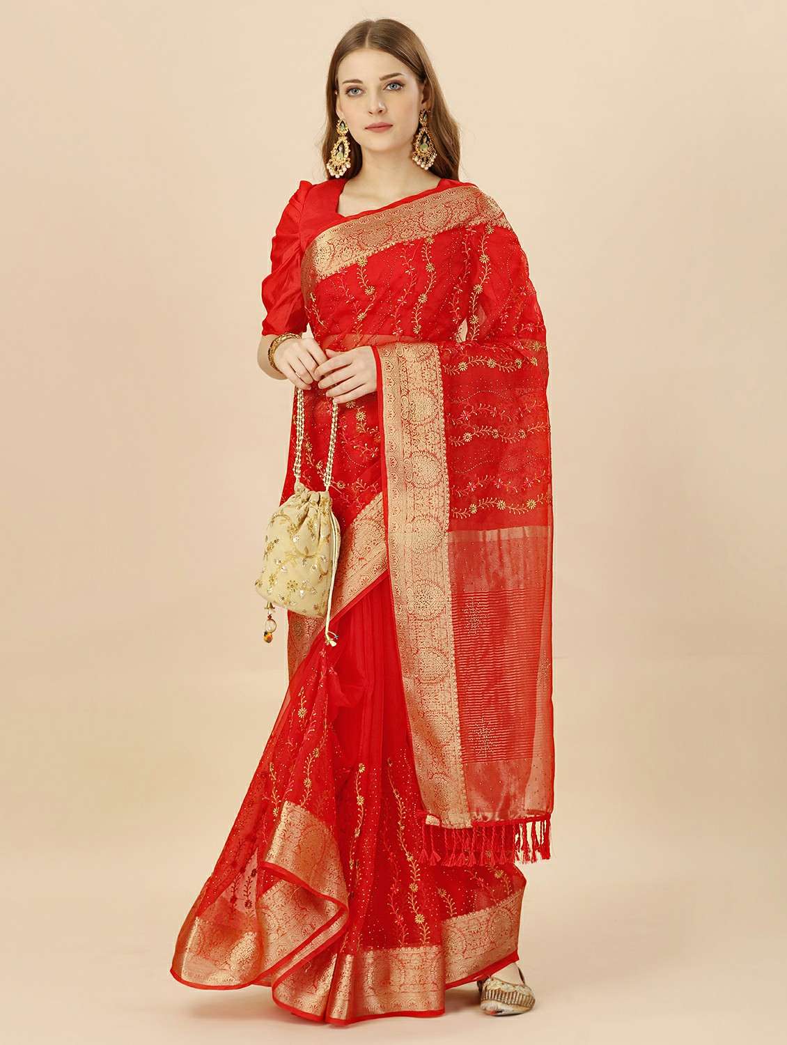 women's floral red colored saree