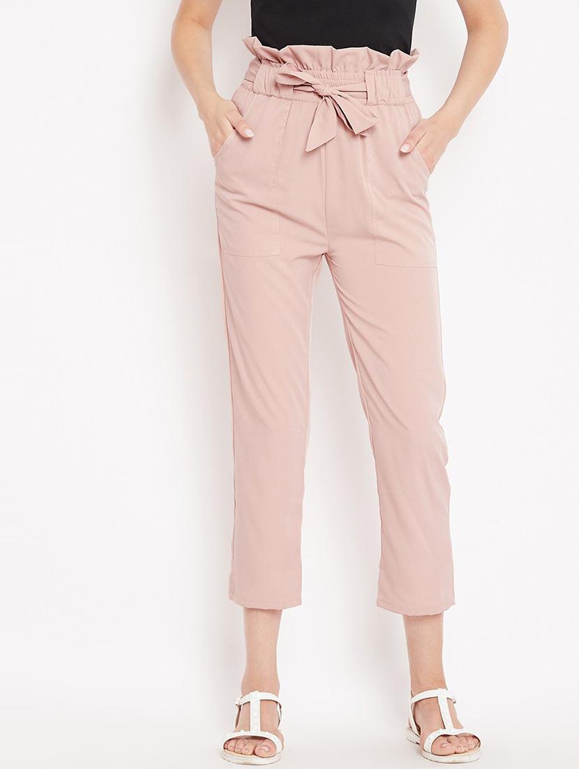 women solid pink detailed peg trouser
